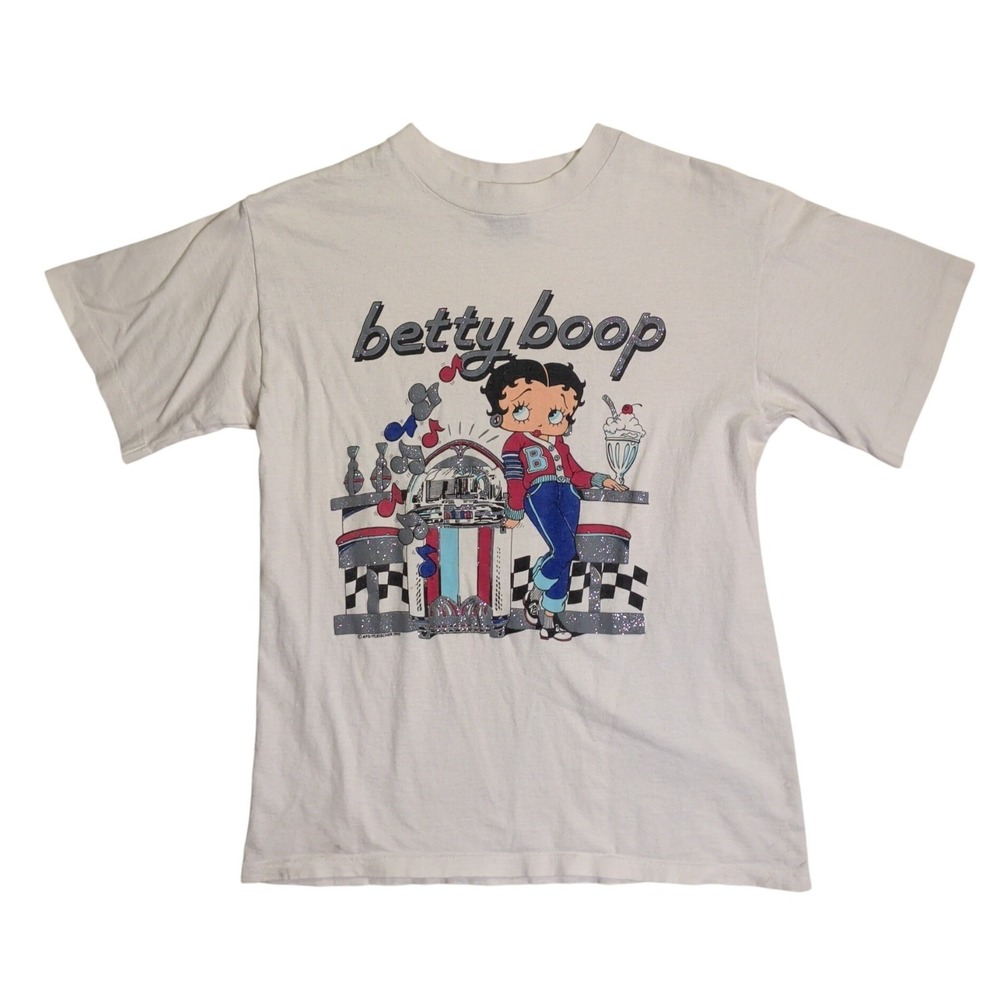 Vintage Betty Boop T-Shirt Womens Size M White Glittery Cartoon 50's Diner 90s
